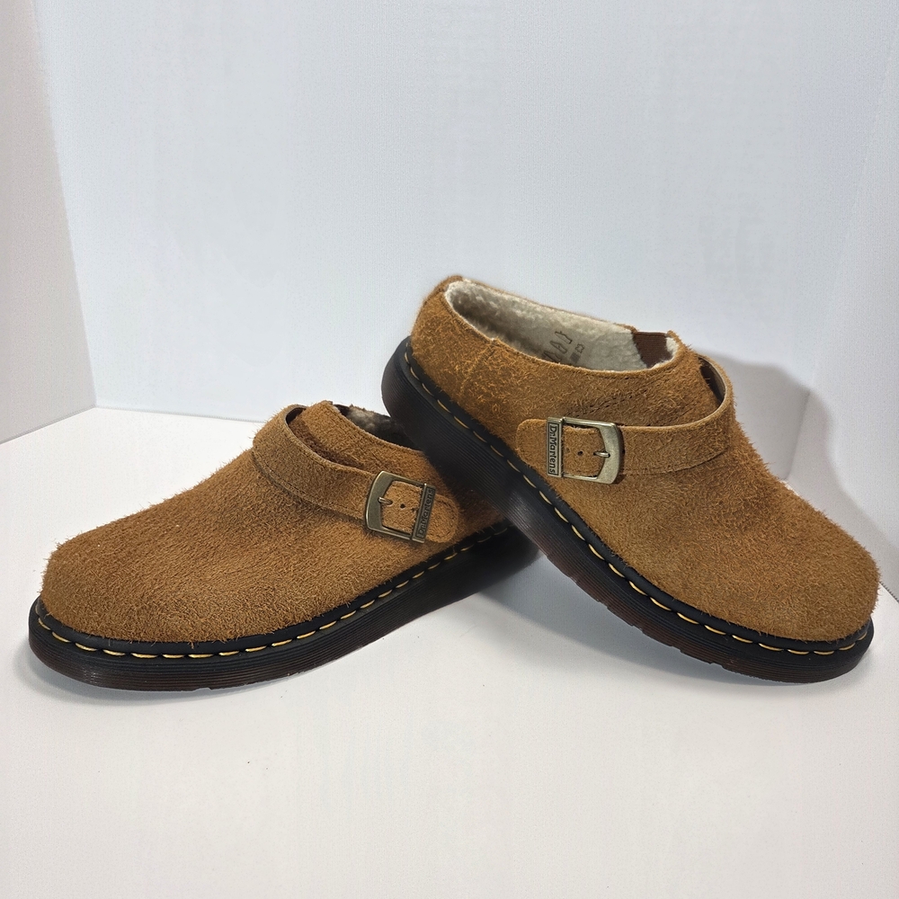 Dr. Martens Isham Faux Shearling Line Suede Slingback Mules Tan Buckle Shoes